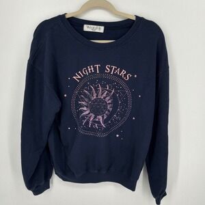 Wound Up Large Navy Celestial Sweatshirt Moon Stars Graphic Cozy